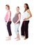 Pregnant women, friends and happy mothers or people celebrating motherhood on studio background. Portrait, health and