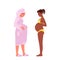 Pregnant women set, woman in bathrobe, towel and home slippers and girl in swimsuit