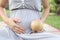 Pregnant women show apple in hand are eaten for good health to t