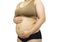 Pregnant women who have a big belly succeed in creating their new baby on a white background - Image