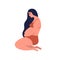 Pregnant young brunette woman awaiting baby birth. Mother sitting in underwear with long black hair holding belly. Happy