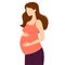 Pregnant young Caucasian woman with long hair in pink tank top and pant holding her bump with hands. Female reproductive health