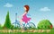 Pregnant young woman riding bike on spring flowering field, vector with noise and texture.