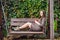 A pregnant young woman sitting on a swing, with a cup of tea. pregnant woman relaxing in the park.