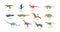 Prehistoric animals set. Antique birds, fishes, dinosaurs, amphibious with names inscription