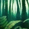 Prehistoric antediluvian forest landscape with primitive trees and ferns