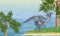 A prehistoric extinct dinosaur stands on the shore of the bay in the thickets of ancient spore races. Prehistoric flora and fauna