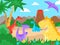 Prehistoric landscape. Cartoon dinosaur nature walk, jurassic cute monsters. Baby dino animals in jungle and active