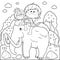 Prehistoric landscape with children riding a mammoth. Vector black and white coloring page.