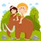 Prehistoric landscape with children riding a mammoth. Vector illustration