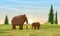 Prehistoric mammoth and cub on plain with firs and grass.