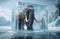 Prehistoric mammoth preserved frozen in a cube of ice, generated by AI