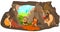 Prehistoric people family, happy primitive children playing, stone age parents live in cave, vector illustration