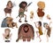 Prehistoric people set. Ancient cave family doing daily routine, hunting prey, eating, dancing. Funny cartoon characters. Isolated