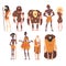 Prehistoric People Set, Primitive Stone Age, Native Men and Women in Animal Pelts Cartoon Character Vector Illustration