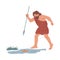 Prehistoric primitive caveman fishing with spear in river, finding food, hunting in wild vector Stone age illustration