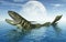 Prehistoric shark Orthacanthus in front of the moon