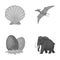 Prehistoric shell, dinosaur eggs,pterodactyl, mammoth. Dinosaur and prehistoric period set collection icons in