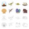 Prehistoric shell, dinosaur eggs,pterodactyl, mammoth. Dinosaur and prehistoric period set collection icons in cartoon