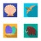 Prehistoric shell, dinosaur eggs,pterodactyl, mammoth. Dinosaur and prehistoric period set collection icons in flat