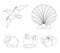 Prehistoric shell, dinosaur eggs,pterodactyl, mammoth. Dinosaur and prehistoric period set collection icons in outline