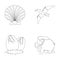 Prehistoric shell, dinosaur eggs,pterodactyl, mammoth. Dinosaur and prehistoric period set collection icons in outline