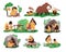 Prehistoric stone age primitive people life, set of vector illustration. Caveman banners with mammoth hunting, life of
