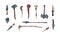 Prehistoric weapon. Cartoon fantasy game ancient fight inventory. Primitive axe and bow. Hunting knife. Spear with bone