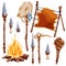 Prehistoric weapons. Set of caveman tools. Primitive spear and stone axe.