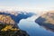 Preikestolen or Prekestolen or Preacher`s Pulpit or Pulpit Rock, in Forsand, Ryfylke, Norway