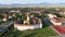 Prejmer, Romania. Aerial view of fortified church powerful thick walls in Transylvania, summer morning.