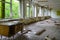 Premises of abandoned school in resettled village of Orevichi in exclusion zone of Chernobyl nuclear power plant, Belarus