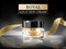 Premium 3d cosmetic glass cream bottle with royal gold face cream inside and gold ribbon on dark abstract background.