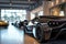 Premium black sports cars in modern dealership showroom with huge windows