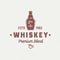 Premium Blend Whiskey Abstract Vector Sign, Symbol or Logo Template. Vintage Hand Drawn Bottle with Retro Typography