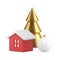 Premium Christmas composition green spruce cozy winter hut and white hang ball toy 3d icon vector