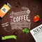 Premium coffee advertising poster. Typography design on a wooden