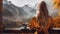 premium coffee, mountains background, detail, with girl without back