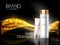 Premium cosmetic ads. Hair essence white bottle and cream on abstract shiny gold wave design element with glitter effect on black