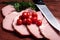 Premium cuts of raw pork chops. Fresh and raw meat. Raw meat mixture. Raw beef steaks on wooden table