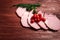 Premium cuts of raw pork chops. Fresh and raw meat. Raw meat mixture. Raw beef steaks on wooden table