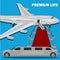 Premium life, limousine and red carpet concept, flat design, vector illustration