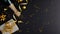 Premium luxury Christmas background with champagne bottle, gift box, party streamers, golden confetti stars on black. Flat lay,