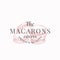 Premium Macarons Sweets. Confectionary Abstract Sign, Symbol or Logo Template. Hand Drawn Cakes and Typography in a
