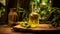 Premium olive oil unveiled on a rustic wooden table. Generative