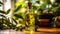 Premium olive oil unveiled on a rustic wooden table. Generative AI