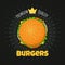 Premium quality burger poster, sticker with golden crown and chalk rays.