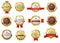 Premium quality golden badges seal with red ribbons. Realistic best seller certificate label, vintage gold luxury