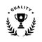 Premium quality product label sign. Best quality product logo. Black badge icon with winner trophy, stars and laurel
