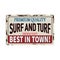 Premium Quality Surf and Turf Food Antiques vintage rusty metal sign, vector illustration